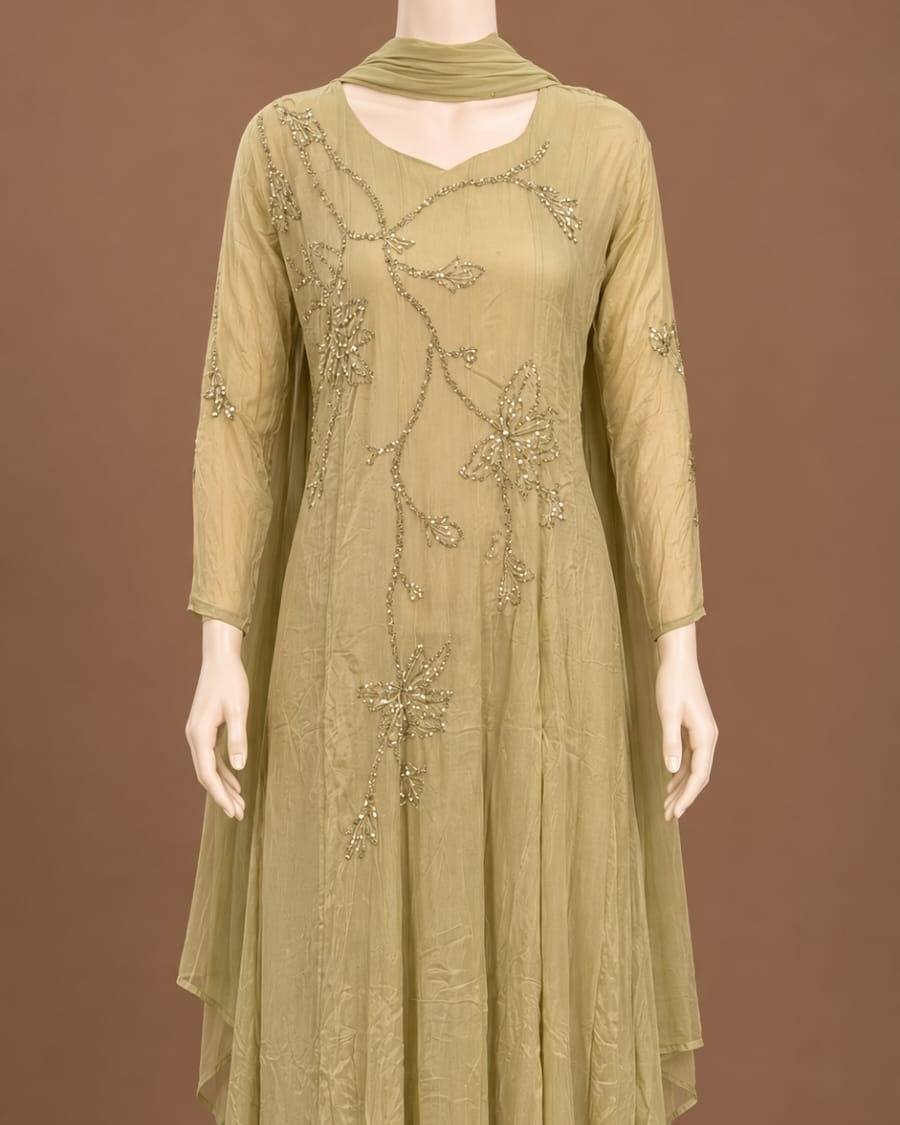 Olive Green Anarkali Suit Set with Floral Embroidery and Dupatta