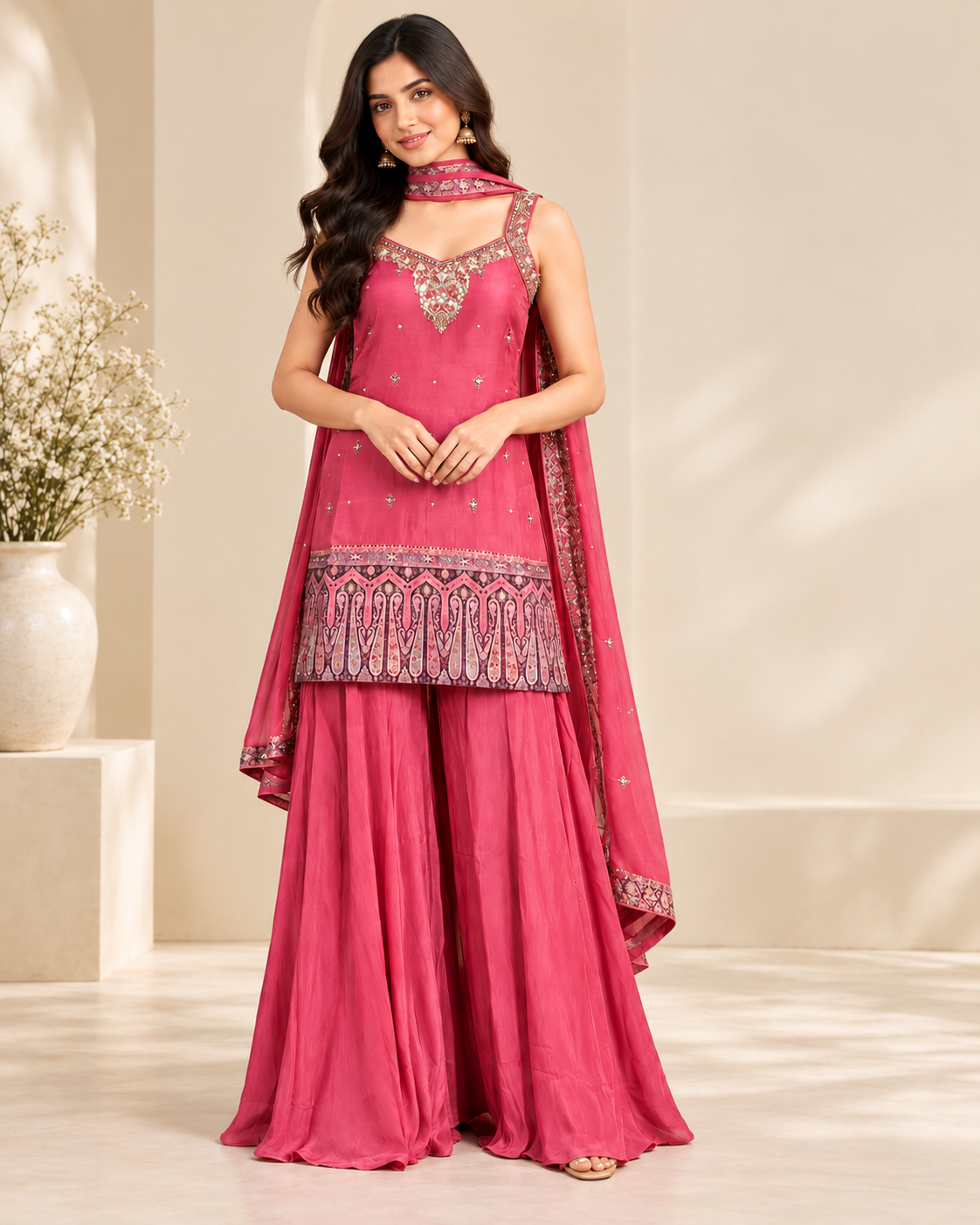 Rose Pink Embroidered Tunic and Palazzo Set with Dupatta