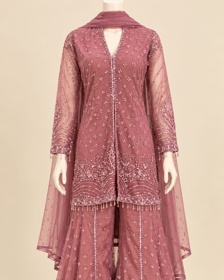 Dusty Mauve Embroidered Sharara Suit Set with Matching Dupatta