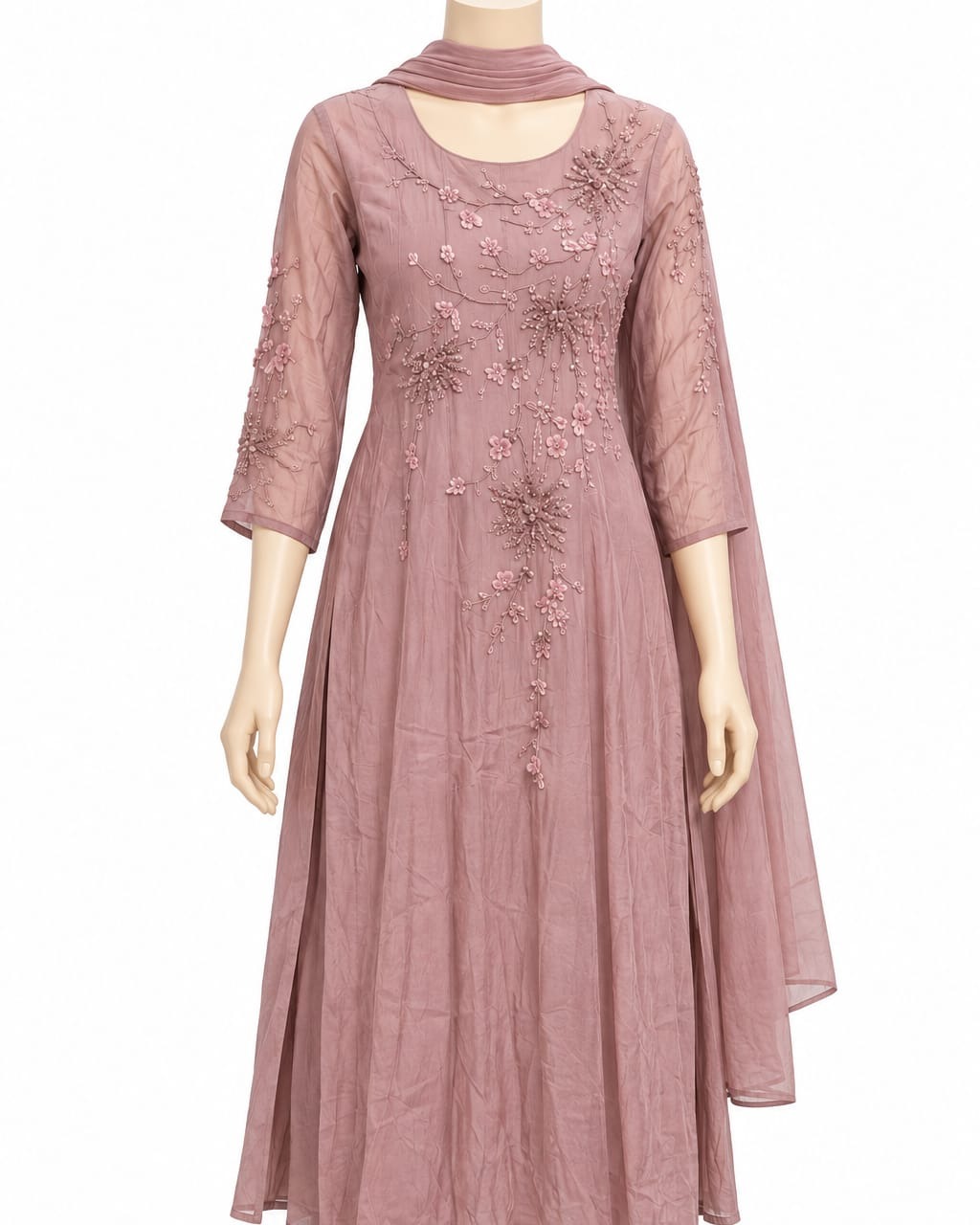 Dausty Rose Anarkali Suit Set with Floral Embroidery and Dupatta