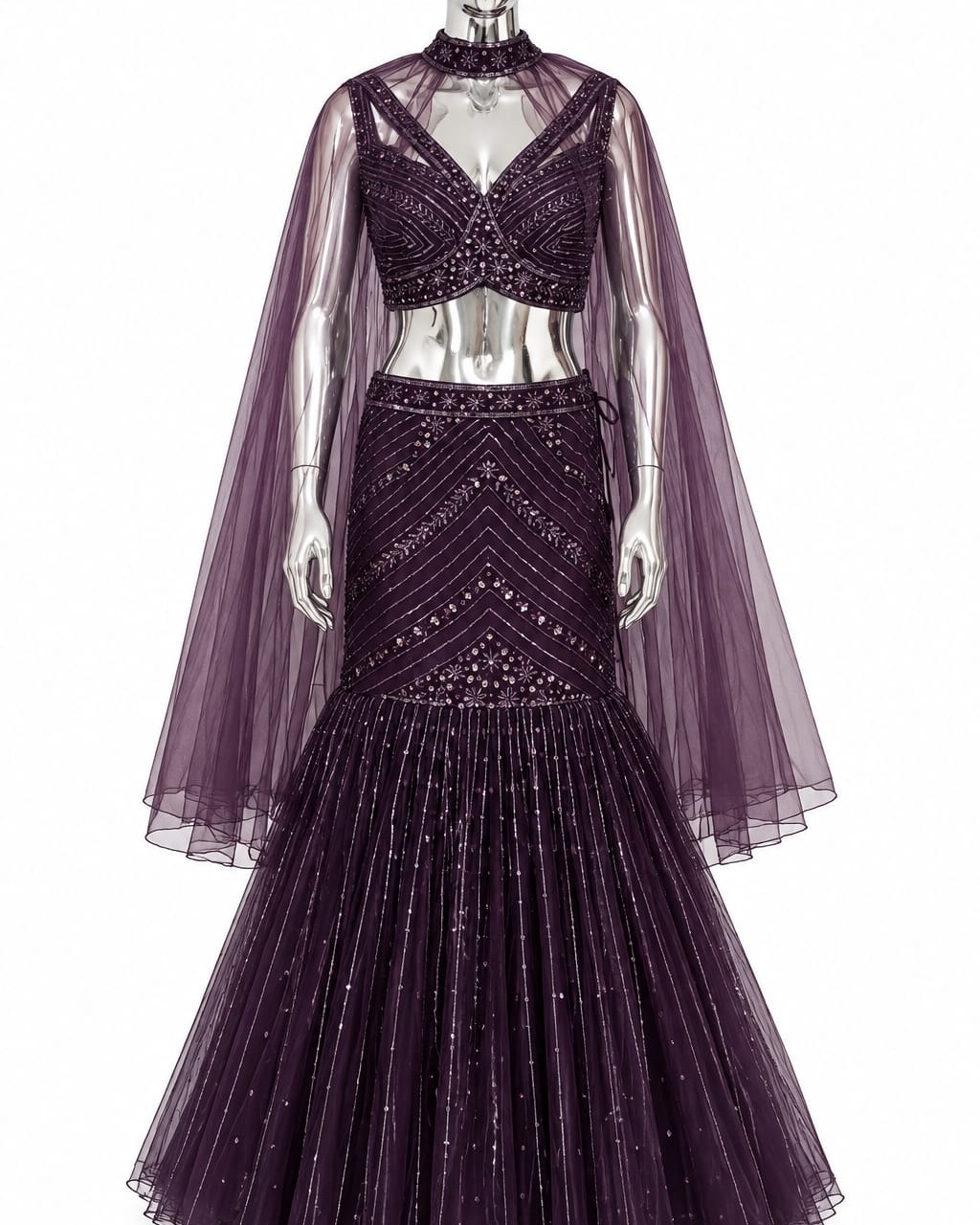 Embroidered Mermaid Lehenga Set with Sheer Dupatta