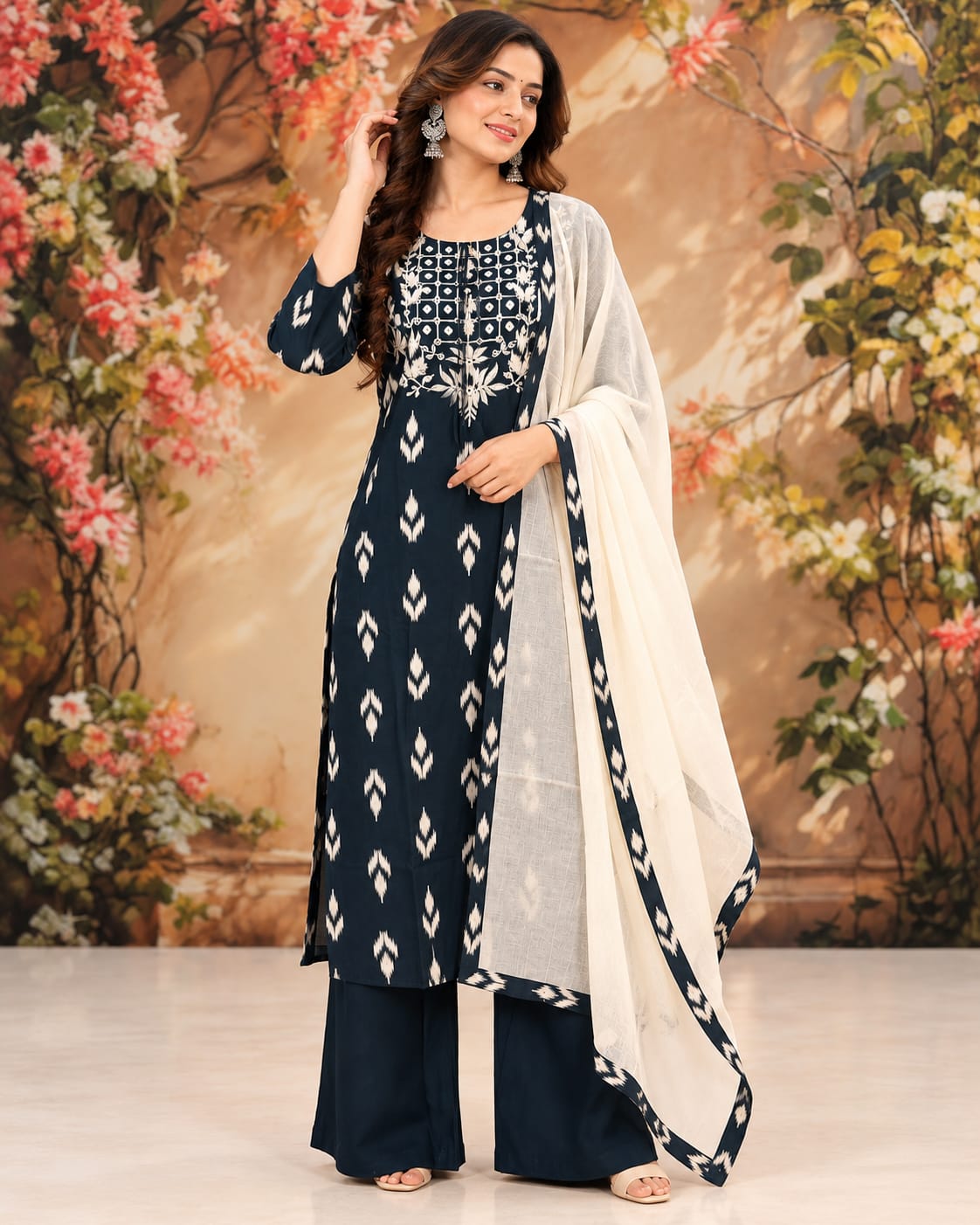 Elegant Navy Blue Printed Kurta Set with Ivory Dupatta