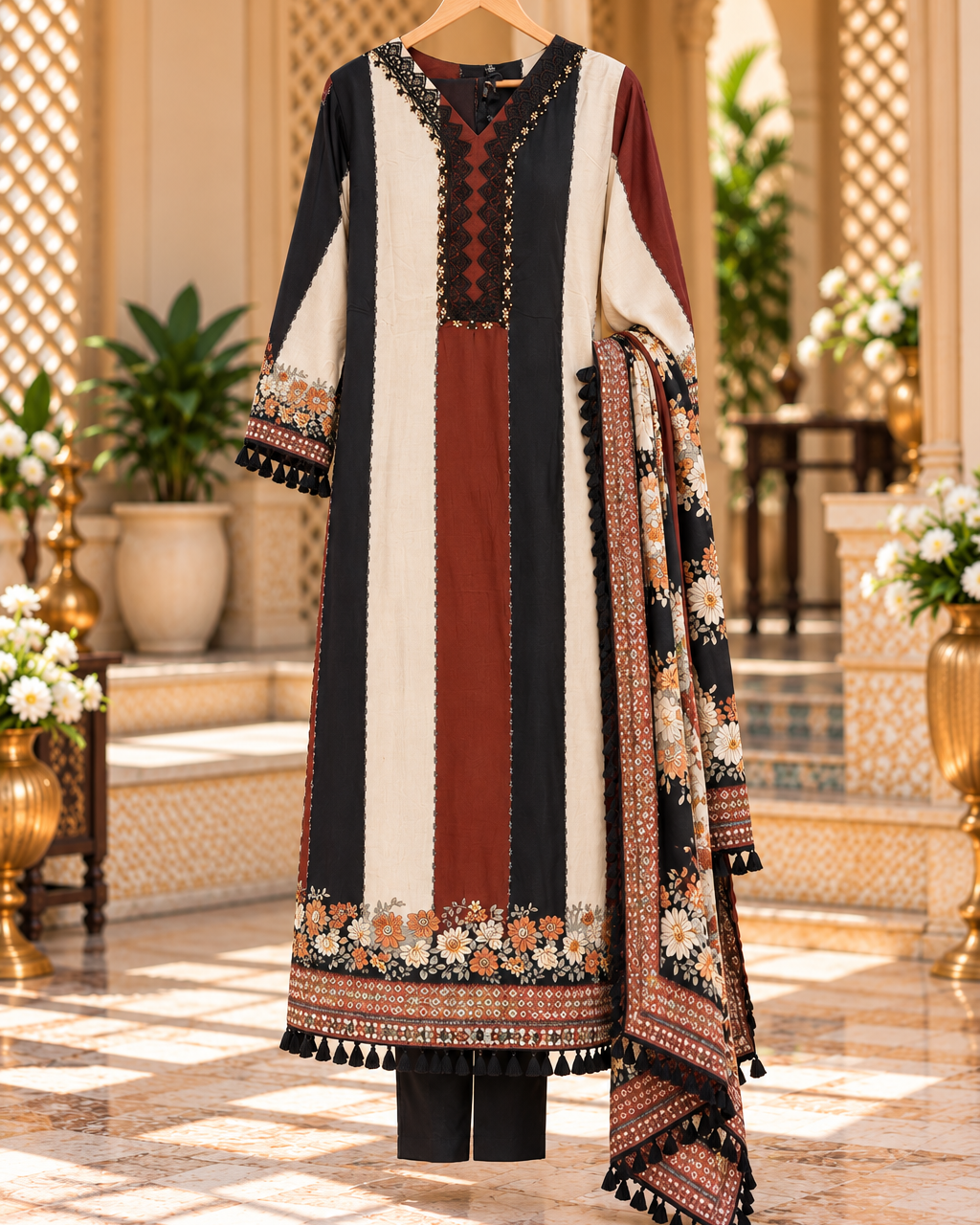 Coffee Brown, Black & Cream Pakistani Suit