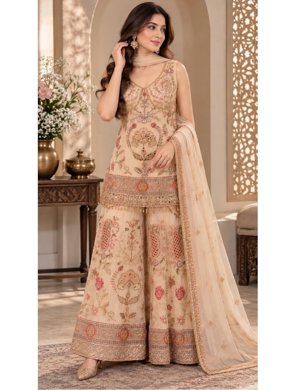 Beige Embroidered Palazzo Suit