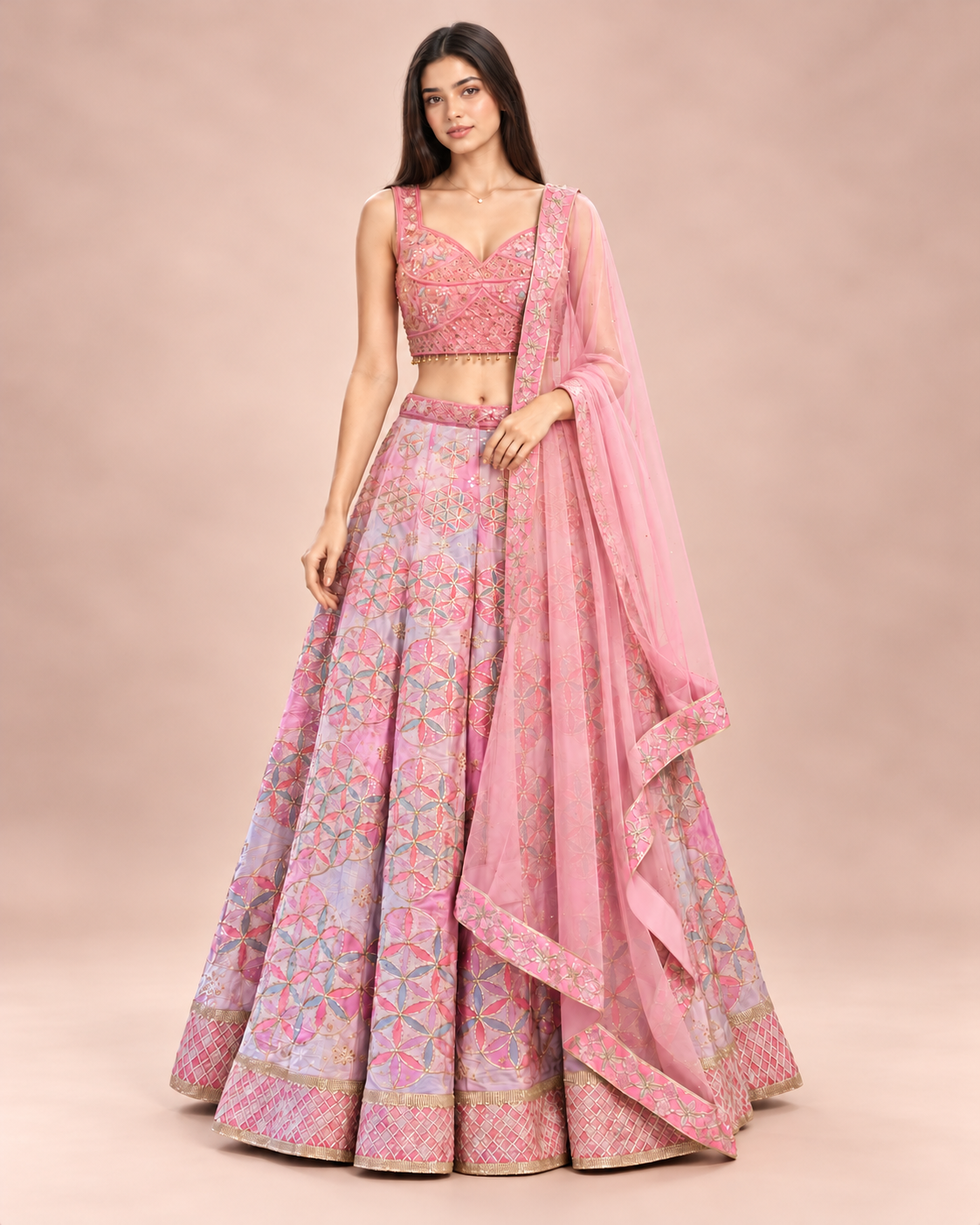 Pink and Lavender Embroidered Lehenga Choli Set with Dupatta