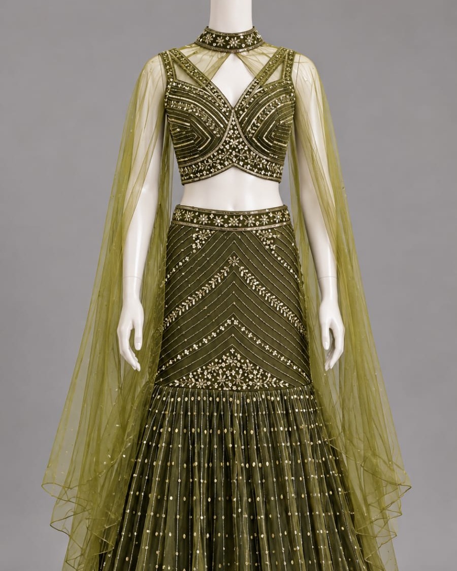 Embroidered Mermaid Lehenga Set with Sheer Dupatta